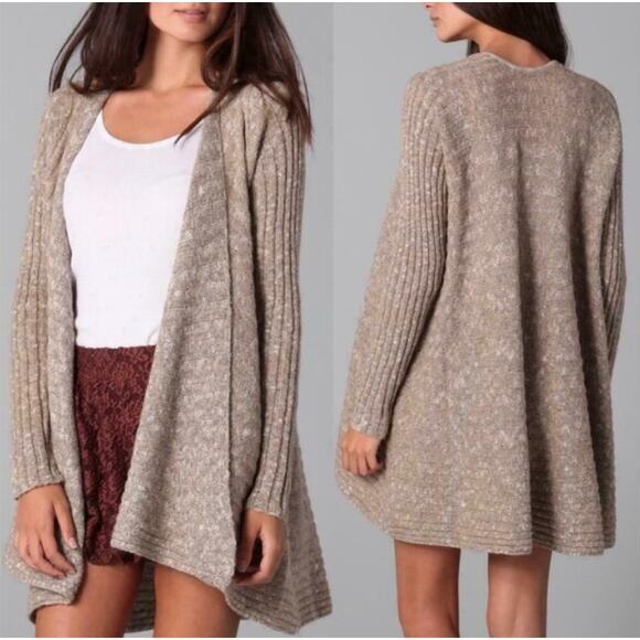 Free People Sweaters - FREE PEOPLE Ribbed Open-Front Cardigan Sweater Draped Wool Blend Beige Sz Small